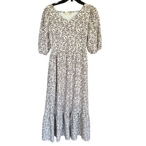 Leia n Co Floral Midi Dress Purple Smocked Puff Sleeve Pockets Cottagecore S